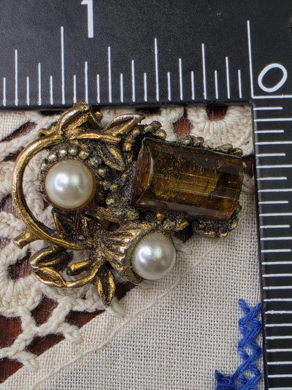 Vintage Amber Molded Glass Faux Pearl Accent Clip On Statement Earrings Golden